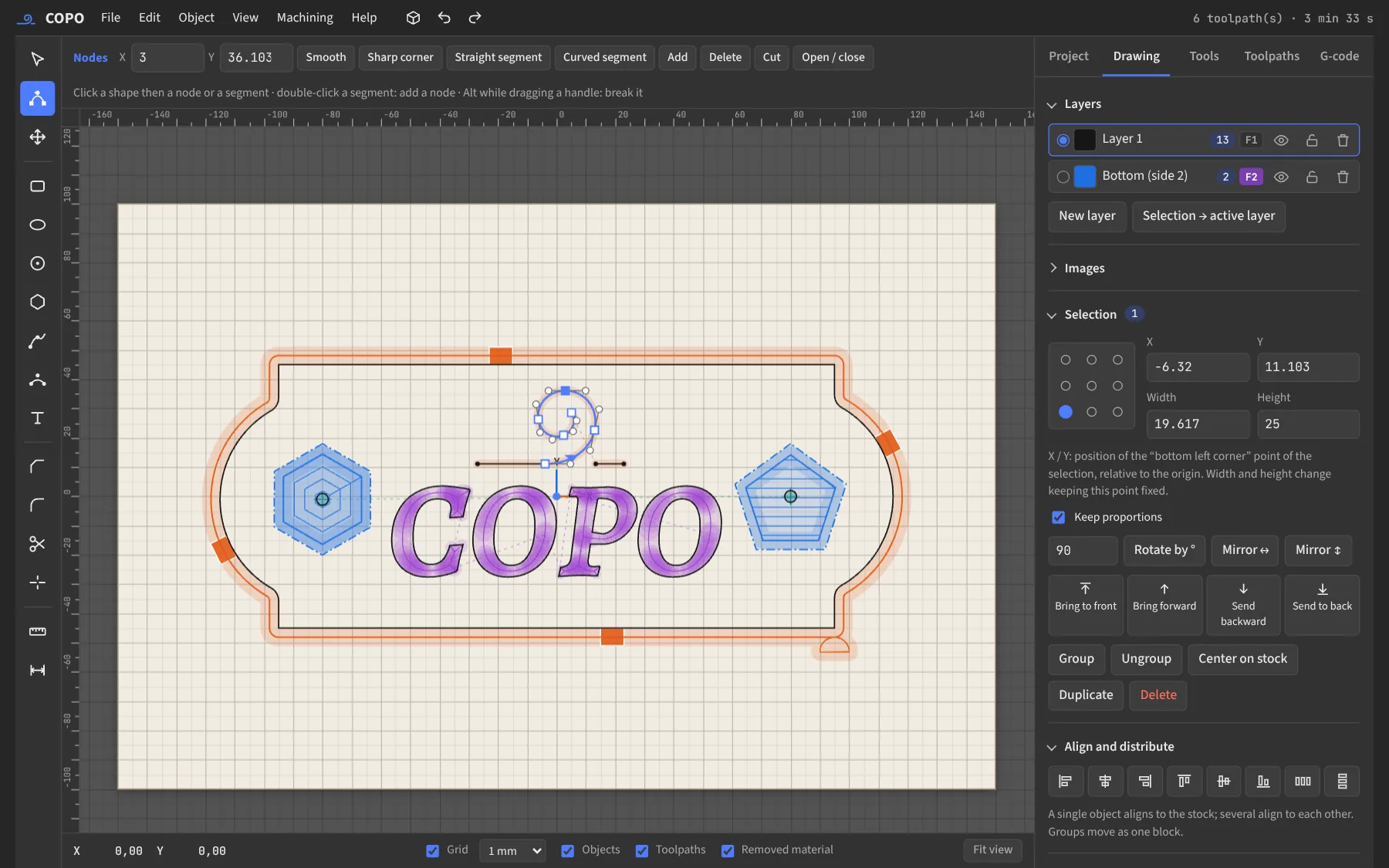 Editing the nodes of the decorative flourish, with the options bar Smooth, Sharp corner, Straight segment, Curved segment.