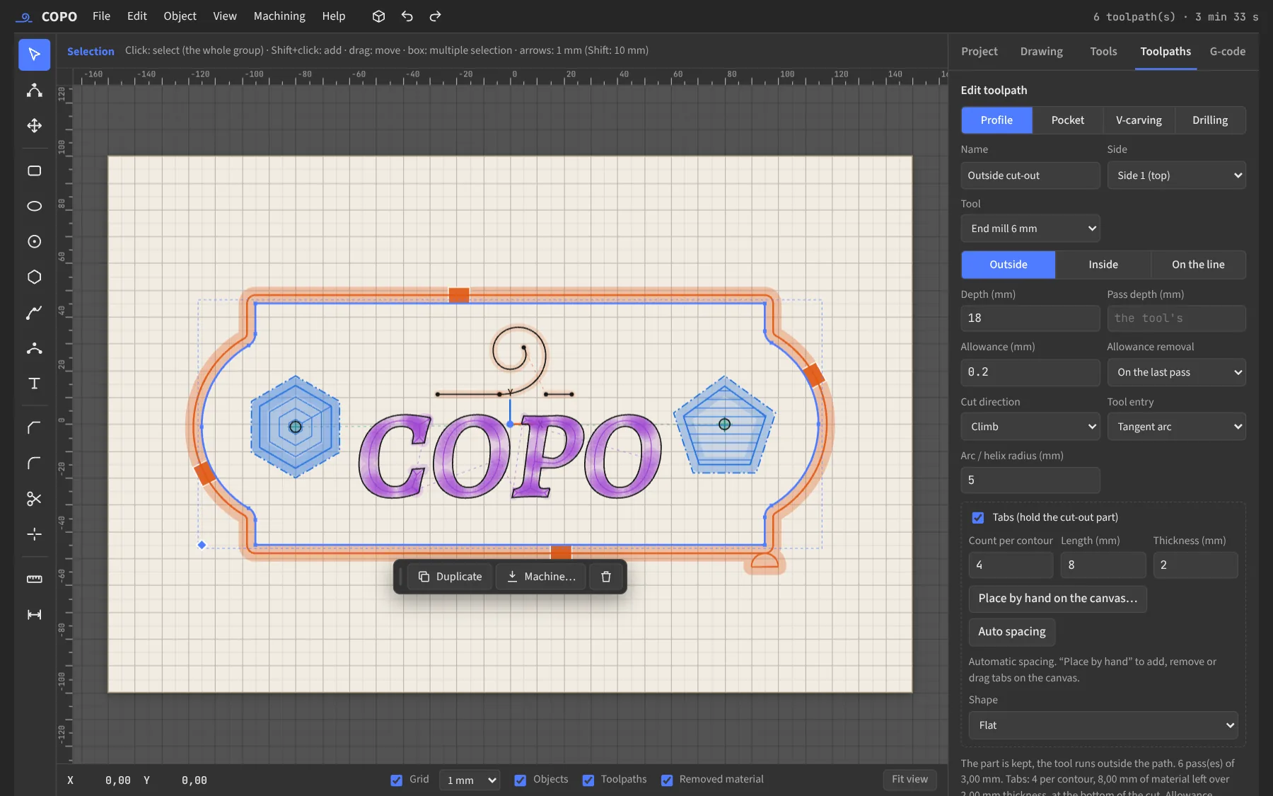Edit form of the outside cut-out toolpath, with tabs.