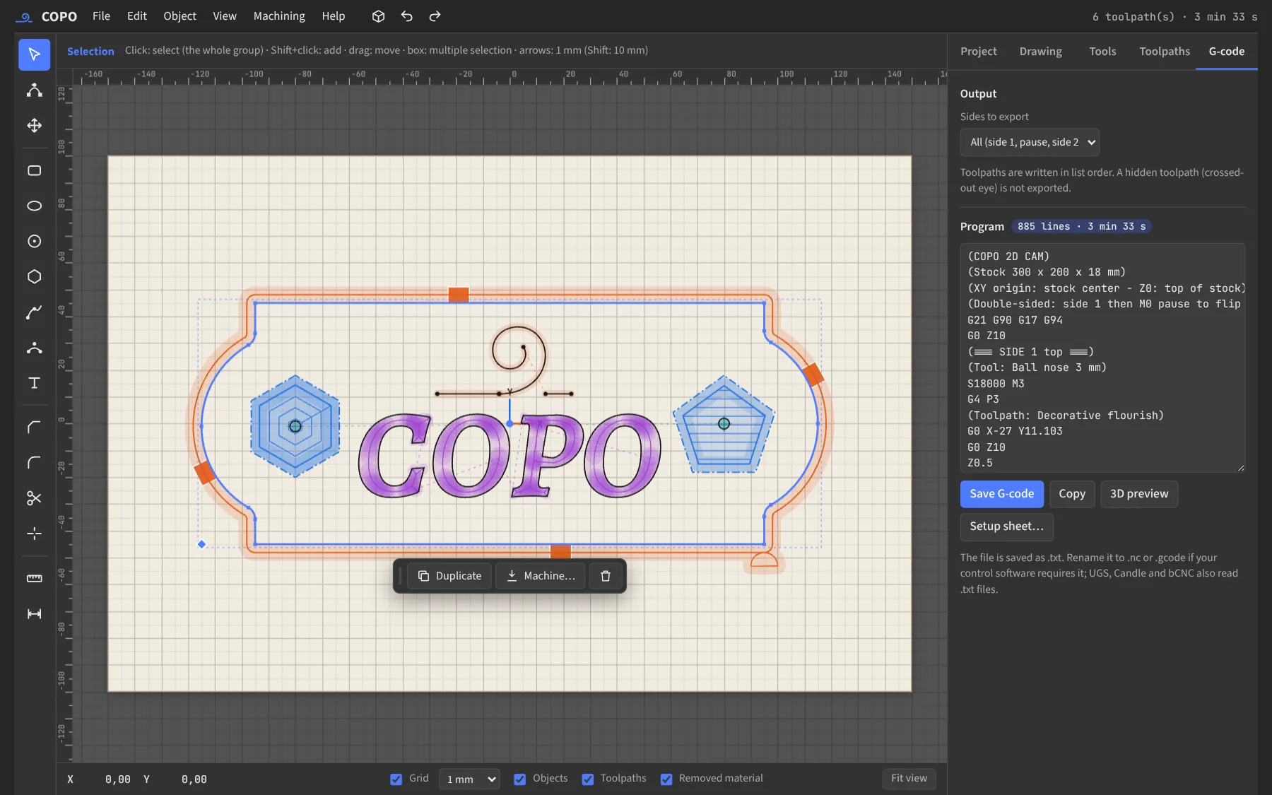 G-code tab: sides to export and generated program.