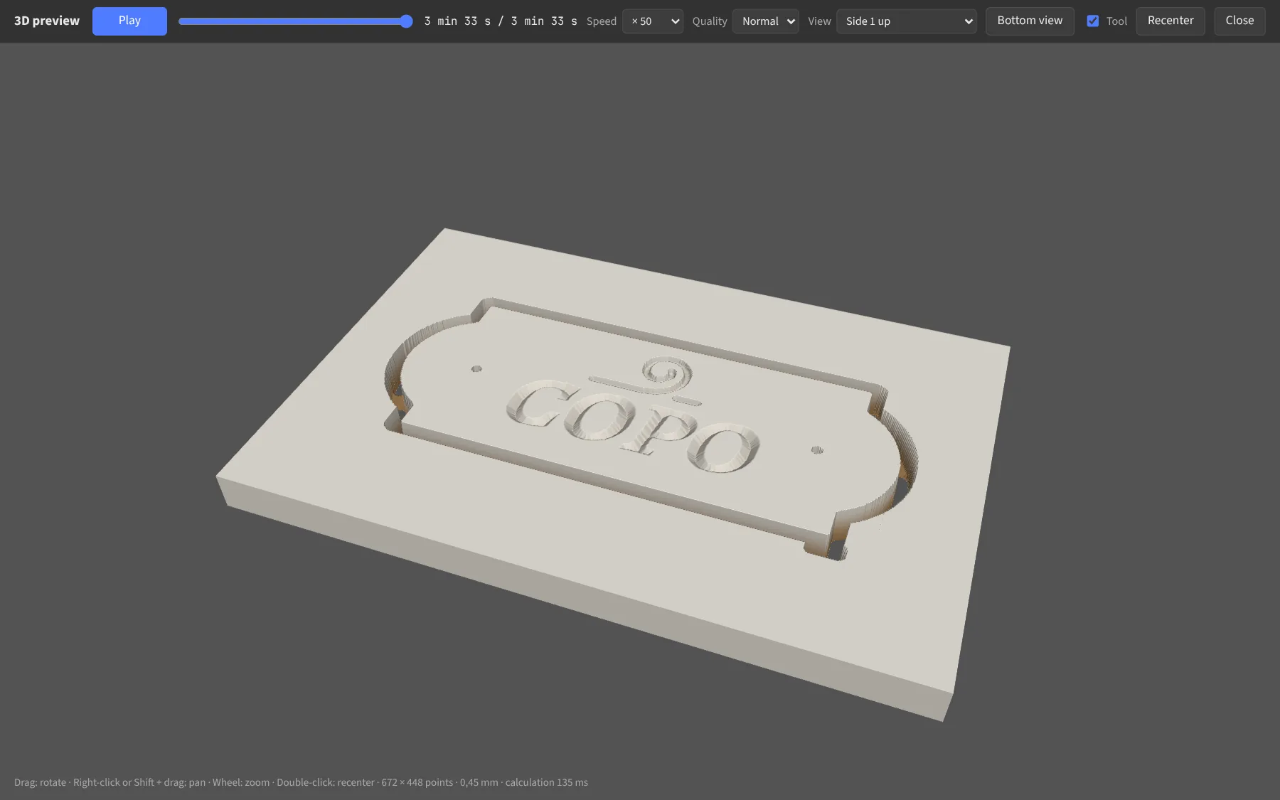 3D preview of the machined sample project.