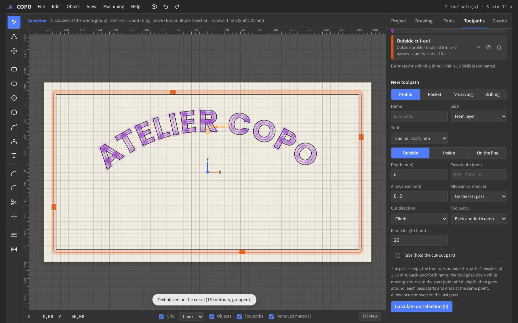 ATELIER COPO text placed on an arc, with a V-carving toolpath.