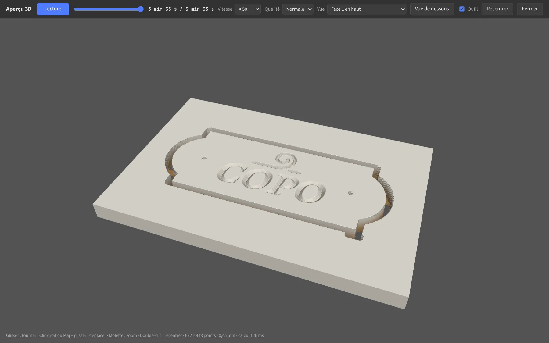 Aperçu 3D du projet d'exemple usiné.