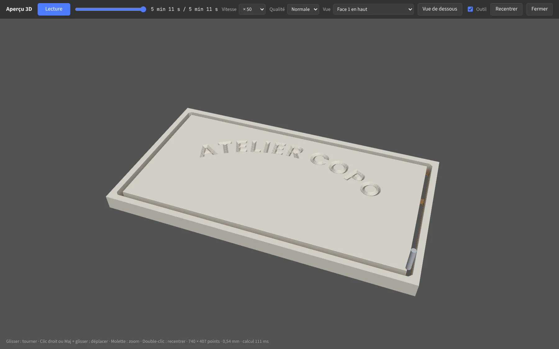 Aperçu 3D de l'enseigne gravée.